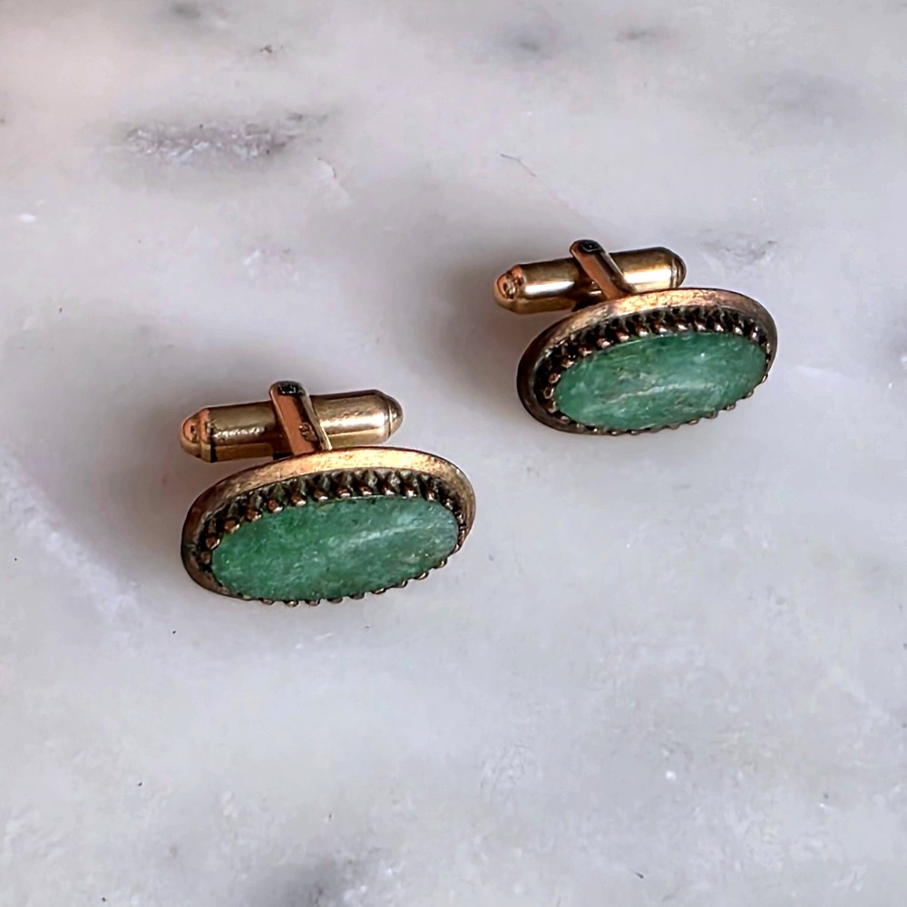 Vtg 1/20 12K Gold Filled Green Cab Stone Cufflinks Oval MCM Mens Jewelry Ornate